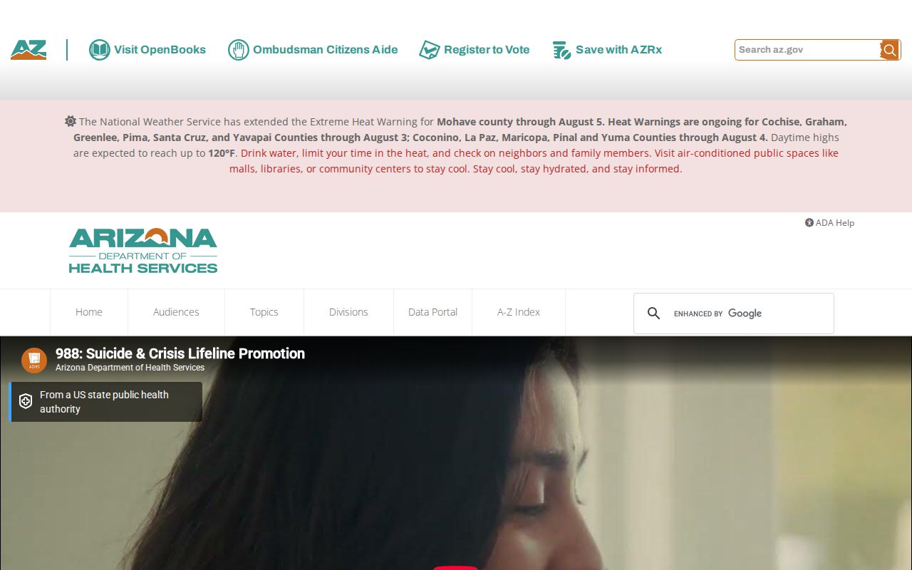 Arizona phone directory crisis resource on the ADHS 988 Lifeline page