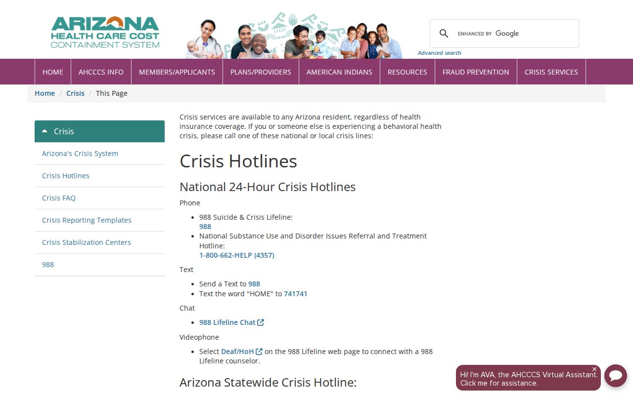 Arizona phone directory listing of AHCCCS statewide and county crisis hotlines