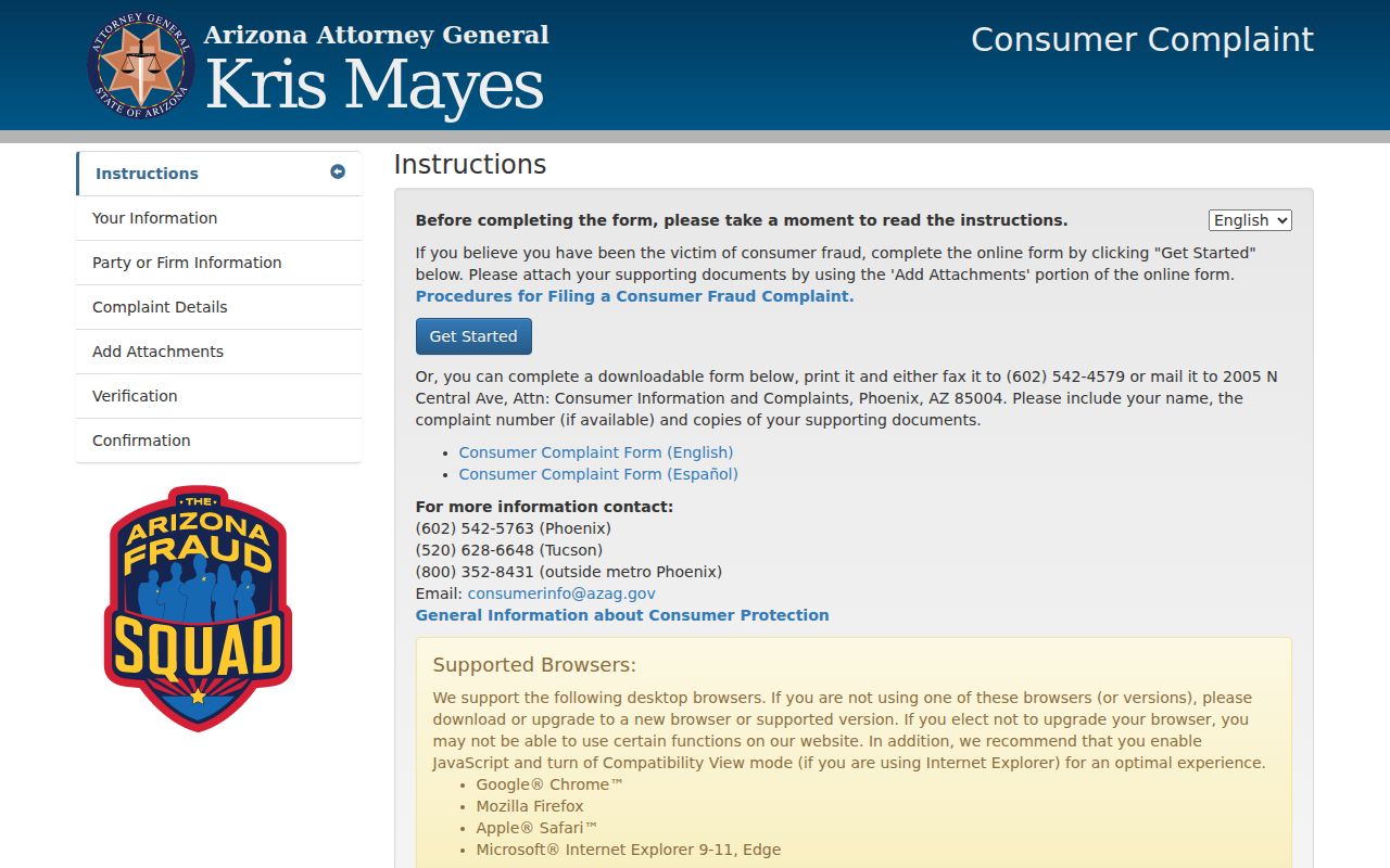 Arizona phone directory route for filing an Attorney General consumer complaint
