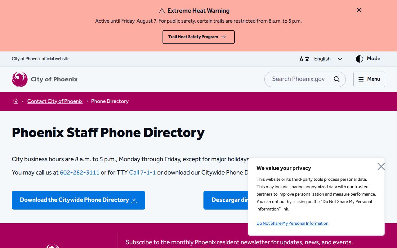 Arizona phone directory download page for the City of Phoenix