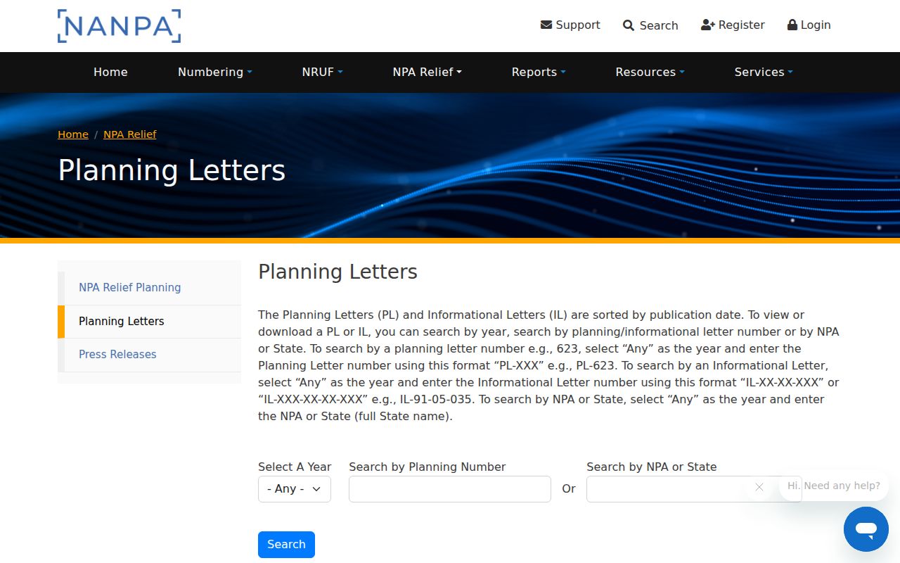 Arizona phone area codes relief planning letters at NANPA